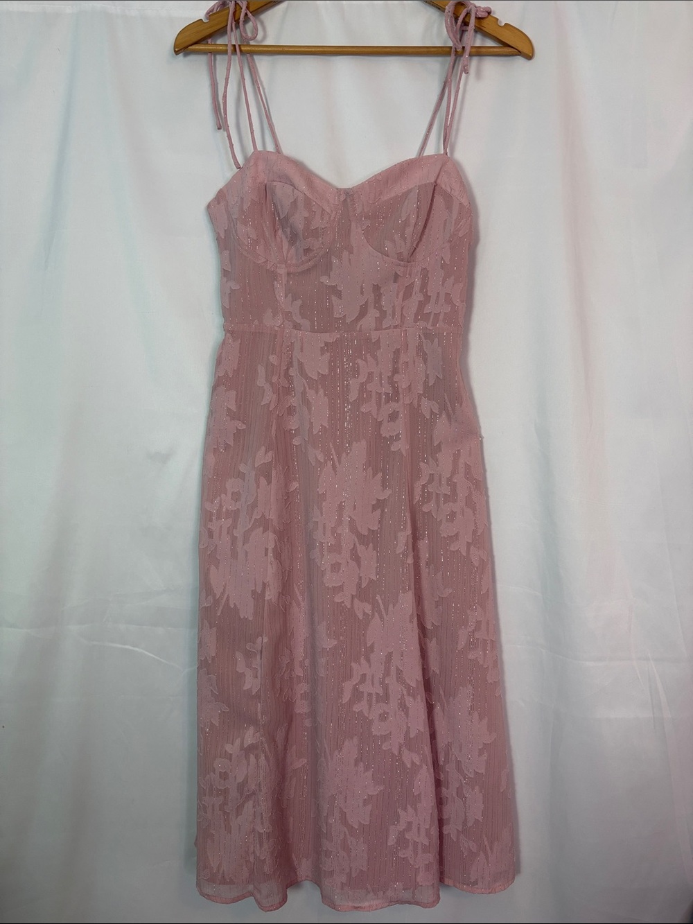 LULUS Loveliest Looks Blush Pink Floral Jacquard Tie-Strap Midi Dress Size S - Picture 6 of 13